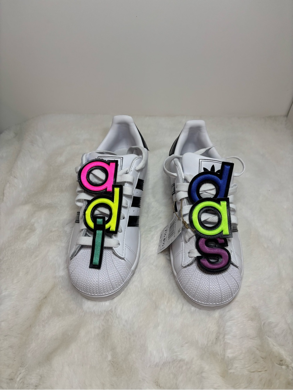 adidas White Superstar Sneakers with Neon Letter Charms